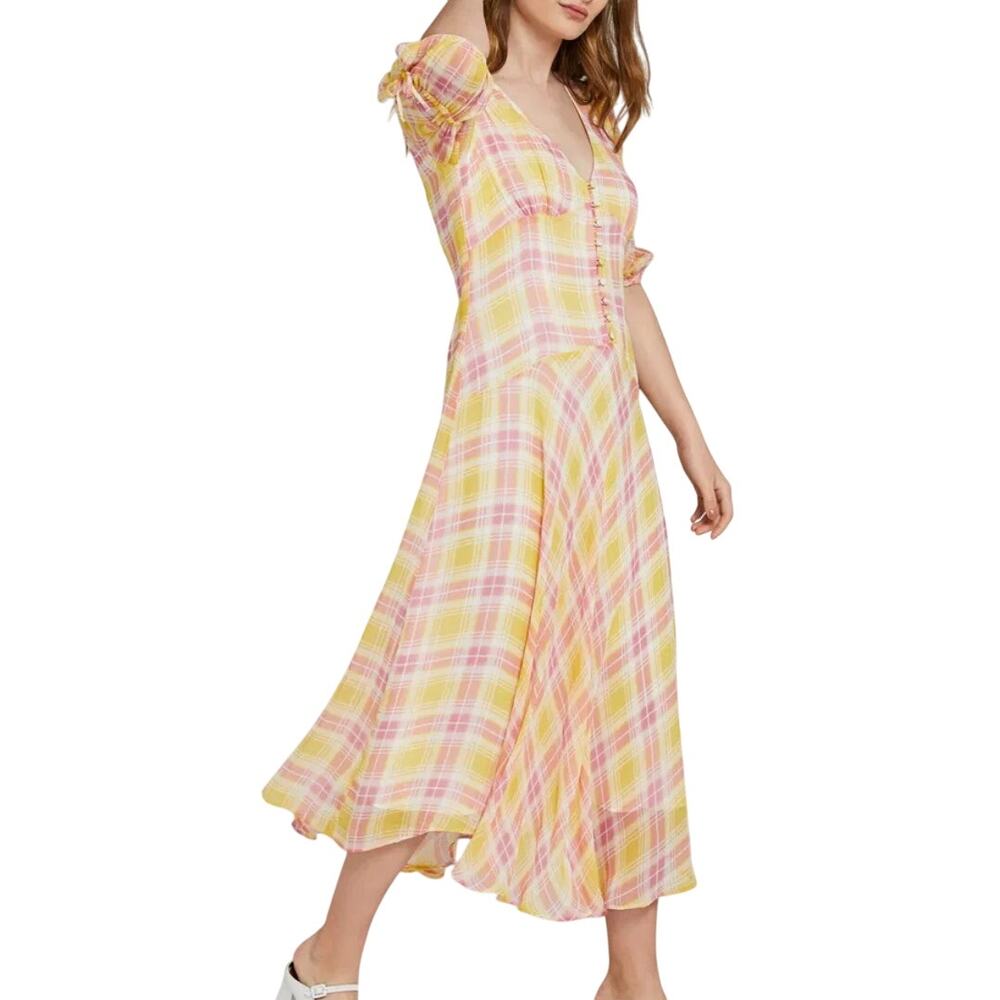 Ghost London Megan Yellow Pink Tartan Plaid Chiffon Midi Dress